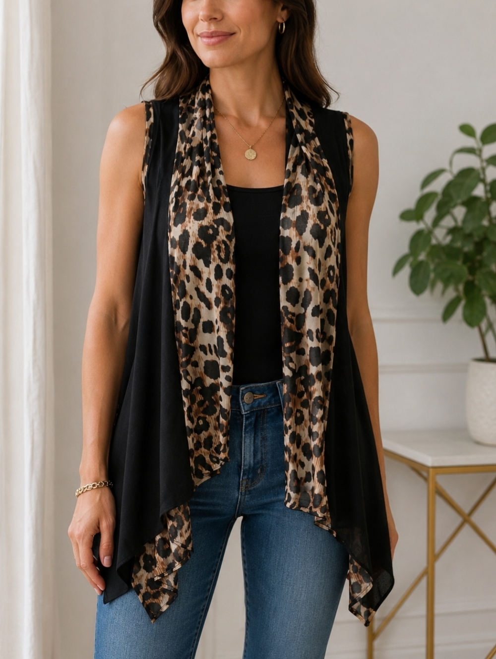 Leopard Print and Black Sleeveless Cardigan